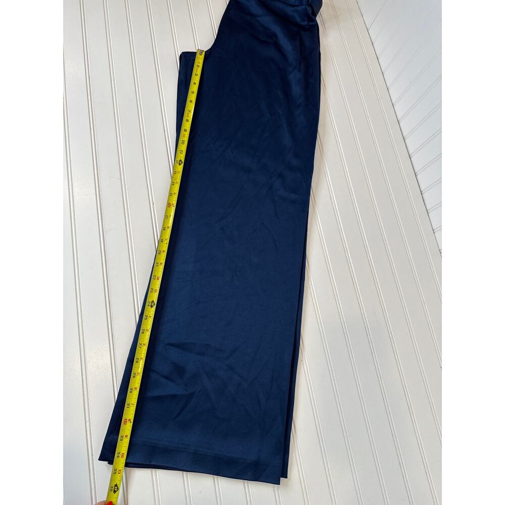 Halston Wide Leg Pants Navy Blue Satin Gorgeous High Waisted Belted Size 14 - Picture 4 of 8